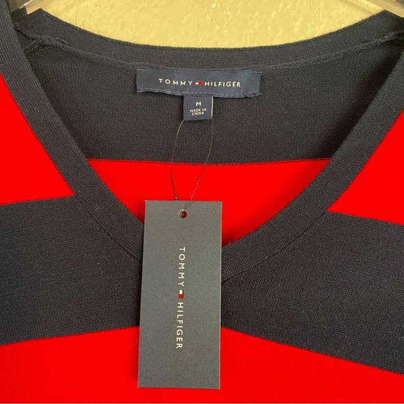 Tommy Hilfiger Ivy V Neck Red/Navy Striped Sweater Size M - Picture 5 of 8